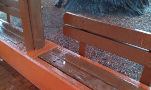 A soaked bench at the Depot. Image by the author.
